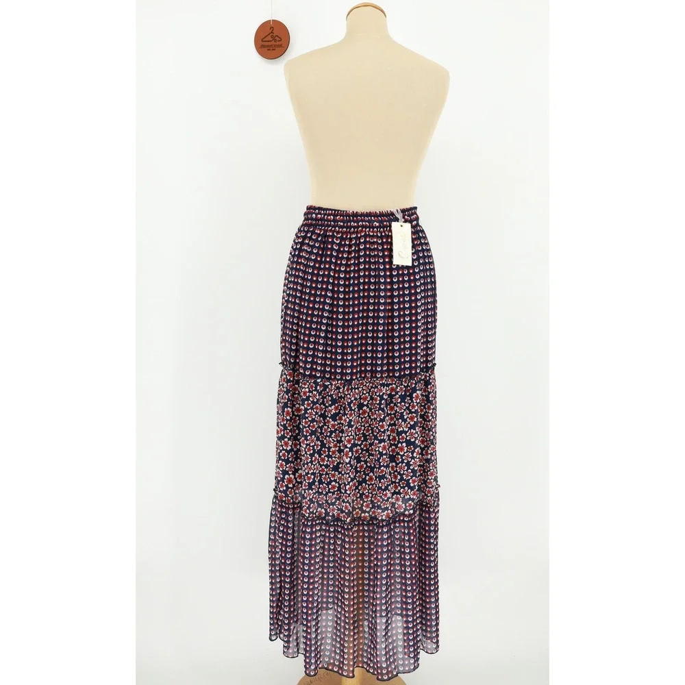 Caprise Tiered Maxi Skirt Floral Geometric Elastic Drawstring Waist Size‎ Medium